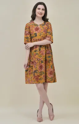 Mustard Yellow Hand-Block Floral Frill Dress