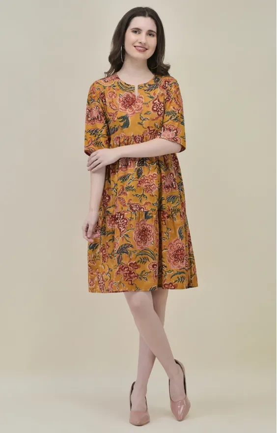 Mustard Yellow Hand-Block Floral Frill Dress