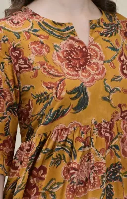 Mustard Yellow Hand-Block Floral Frill Dress