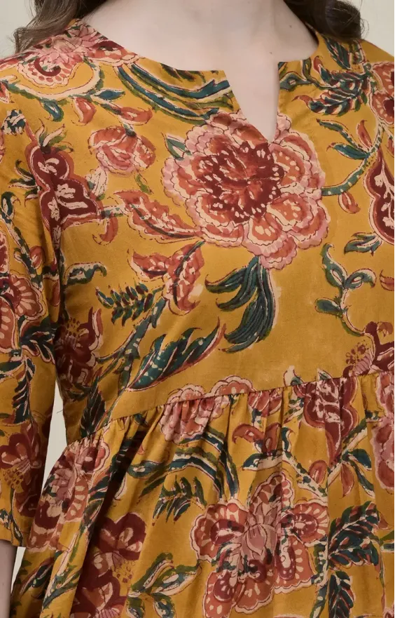 Mustard Yellow Hand-Block Floral Frill Dress