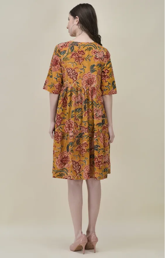 Mustard Yellow Hand-Block Floral Frill Dress