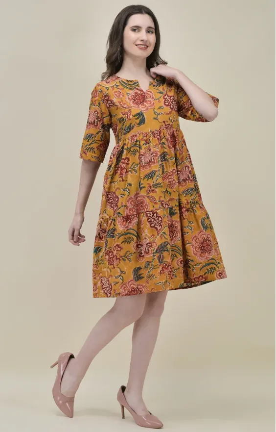 Mustard Yellow Hand-Block Floral Frill Dress