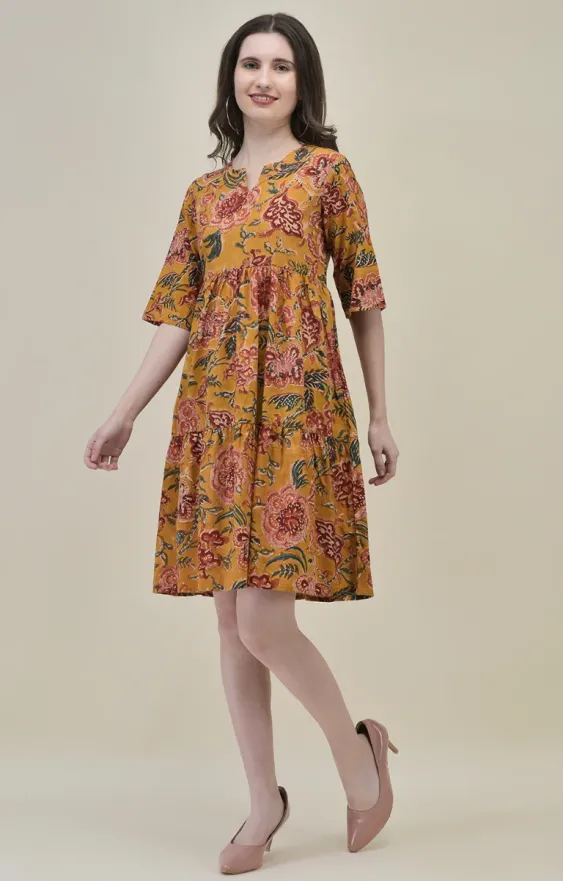 Mustard Yellow Hand-Block Floral Frill Dress