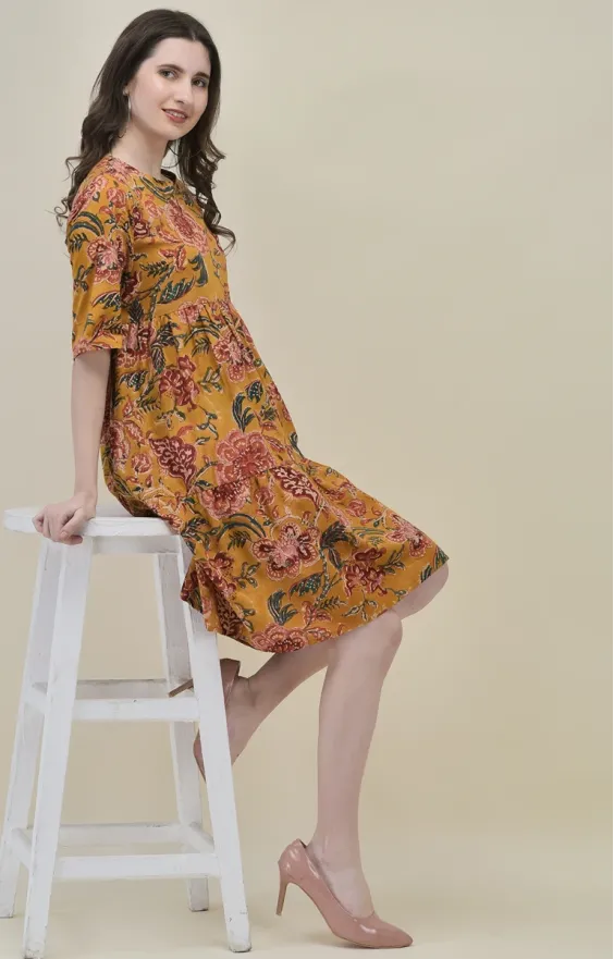 Mustard Yellow Hand-Block Floral Frill Dress