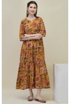 Mustard Yellow Floral Tiered Maxi Dress