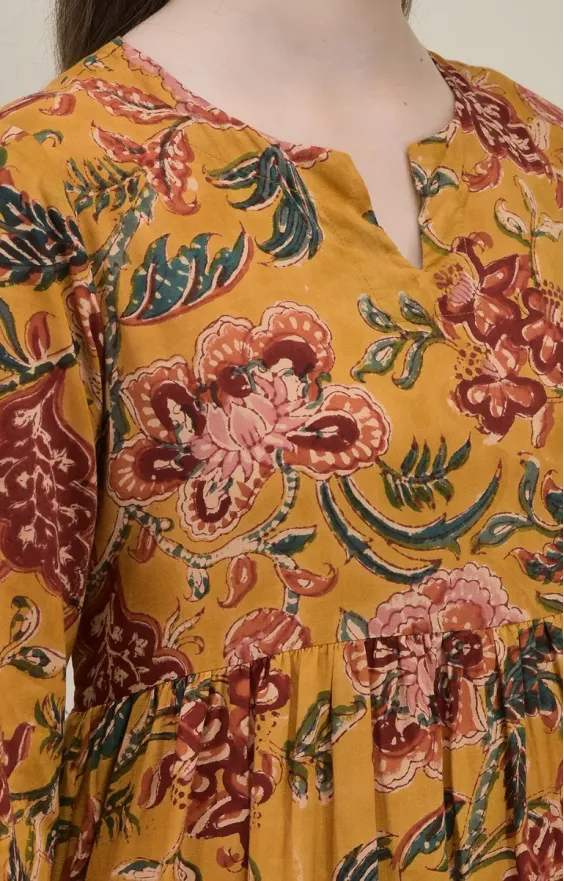 Mustard Yellow Floral Tiered Maxi Dress