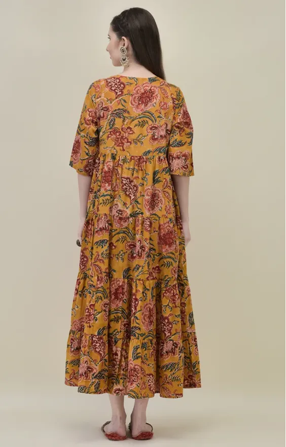 Mustard Yellow Floral Tiered Maxi Dress