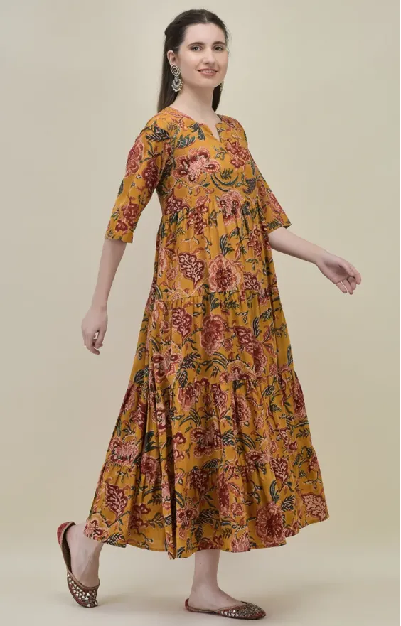 Mustard Yellow Floral Tiered Maxi Dress
