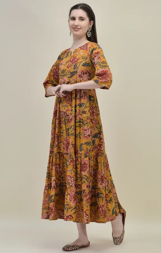 Mustard Yellow Floral Tiered Maxi Dress