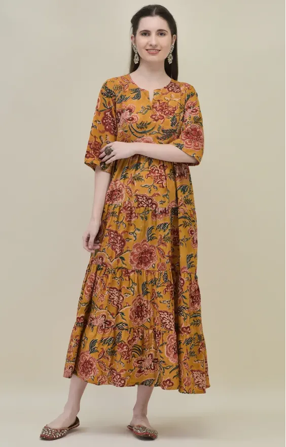 Mustard Yellow Floral Tiered Maxi Dress