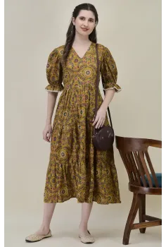 Gulzar Mustard Floral Cambric Cotton Midi Dress