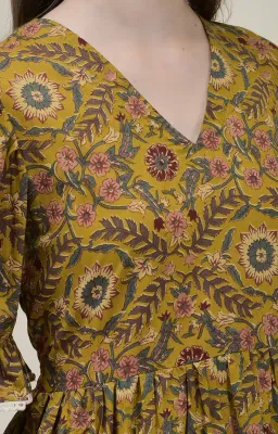 Gulzar Mustard Floral Cambric Cotton Midi Dress
