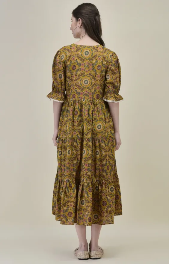 Gulzar Mustard Floral Cambric Cotton Midi Dress