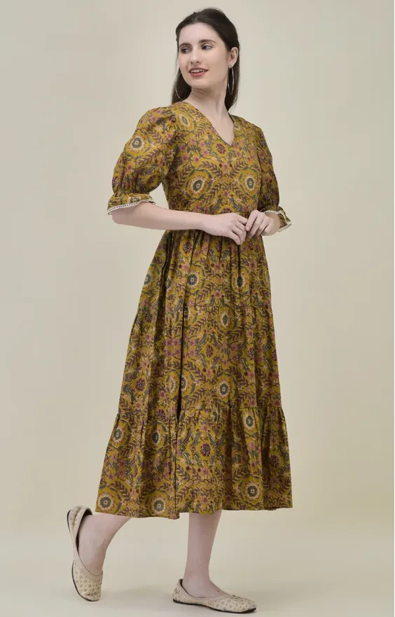 Gulzar Mustard Floral Cambric Cotton Midi Dress
