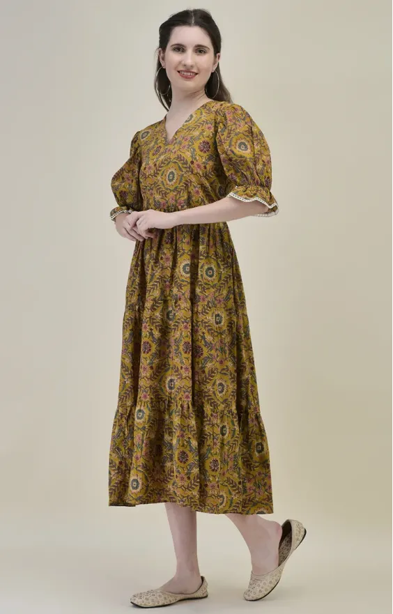Gulzar Mustard Floral Cambric Cotton Midi Dress