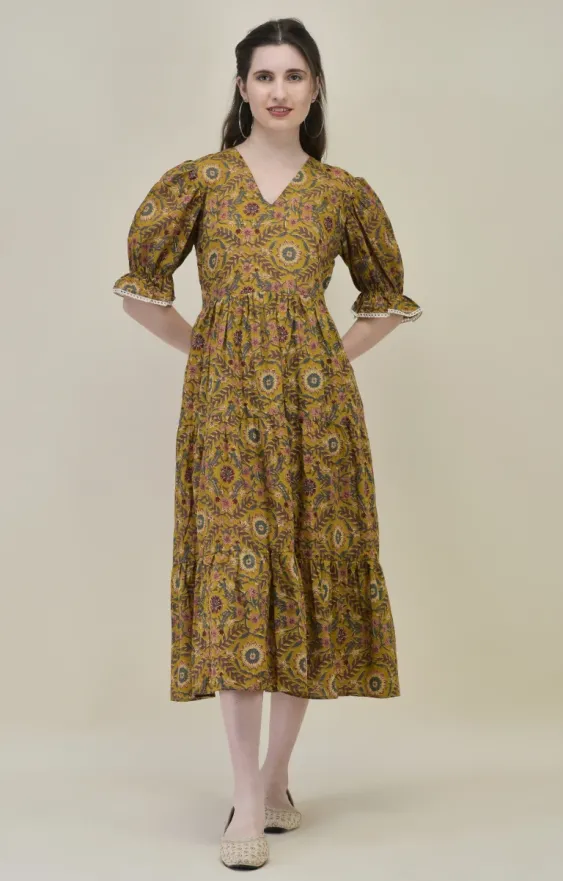 Gulzar Mustard Floral Cambric Cotton Midi Dress