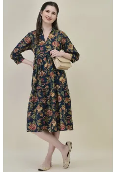 Blue & Red Three-Tier Midi Dress