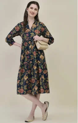 Blue & Red Three-Tier Midi Dress