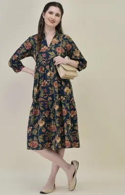 Blue & Red Three-Tier Midi Dress