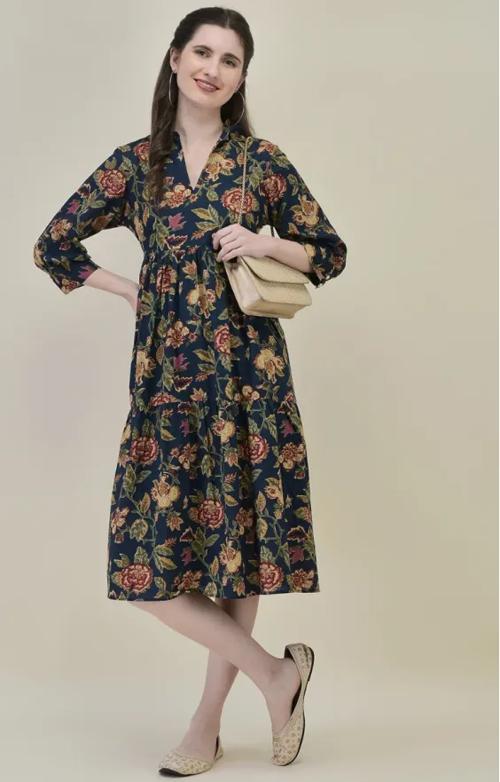 Blue & Red Three-Tier Midi Dress