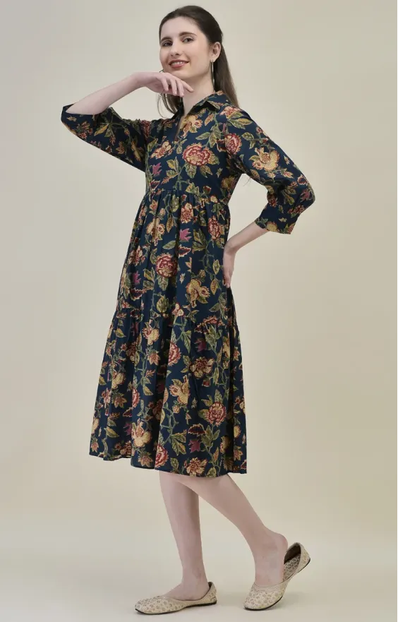Blue & Red Three-Tier Midi Dress