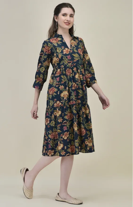 Blue & Red Three-Tier Midi Dress