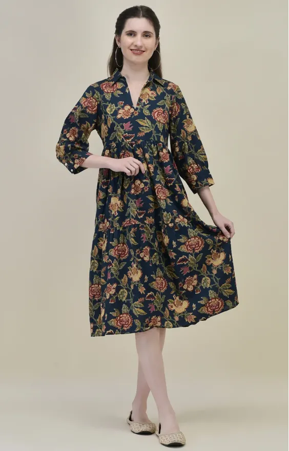 Blue & Red Three-Tier Midi Dress
