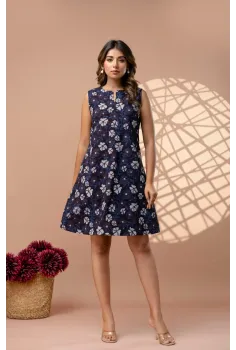 Dark Blue Indigo Hand Block Print A-Line Dress