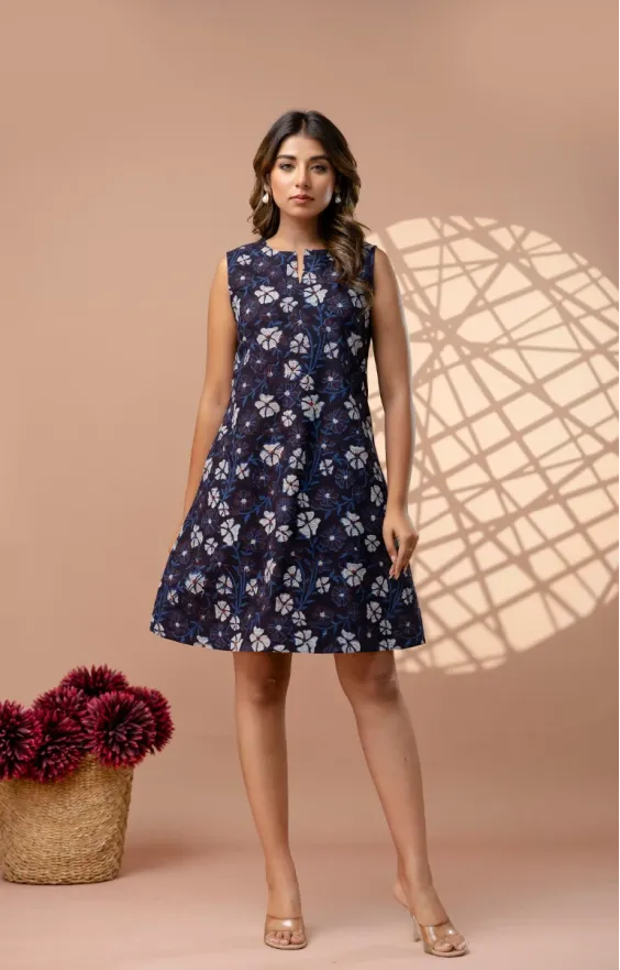 Dark Blue Indigo Hand Block Print A-Line Dress