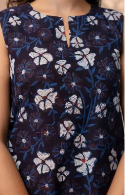 Dark Blue Indigo Hand Block Print A-Line Dress