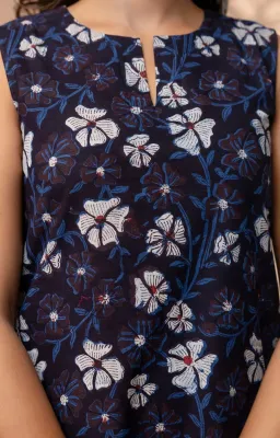 Dark Blue Indigo Hand Block Print A-Line Dress