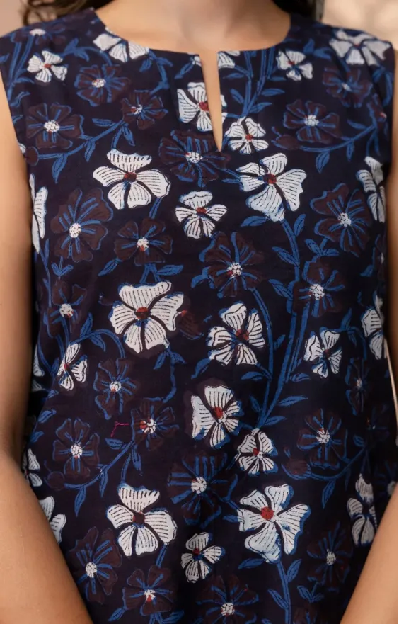 Dark Blue Indigo Hand Block Print A-Line Dress
