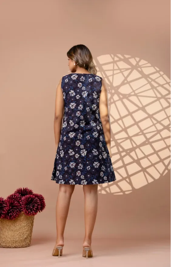 Dark Blue Indigo Hand Block Print A-Line Dress