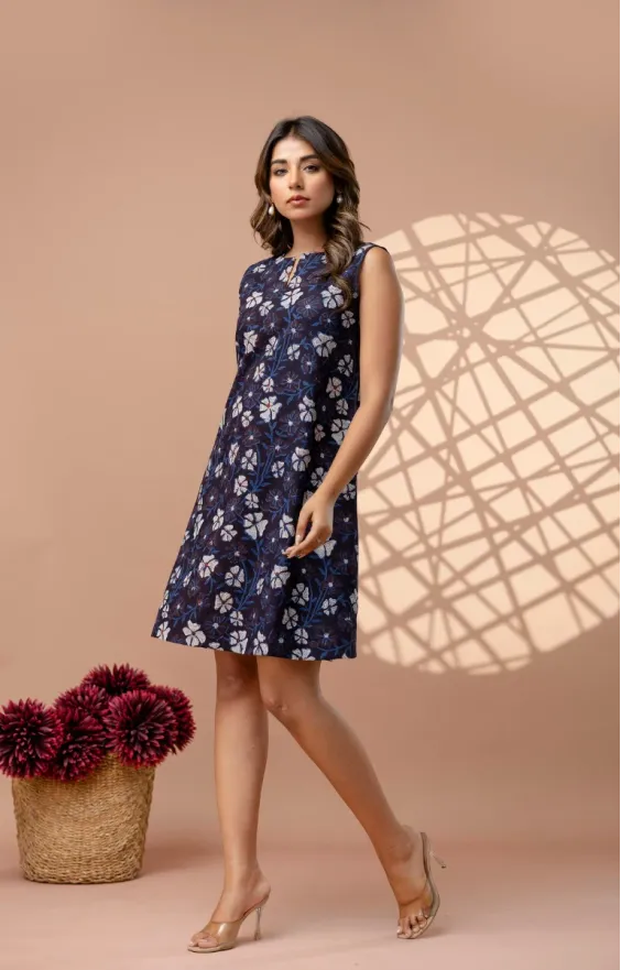 Dark Blue Indigo Hand Block Print A-Line Dress