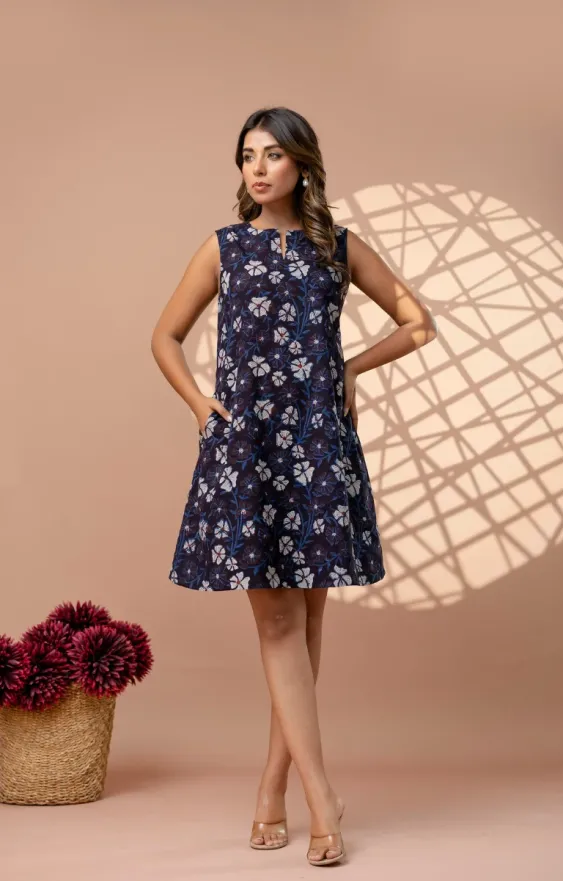 Dark Blue Indigo Hand Block Print A-Line Dress