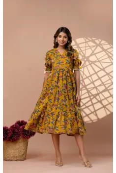 Mustard Yellow 3-Tier Floral Cotton Midi Dress with Puff Sleeves