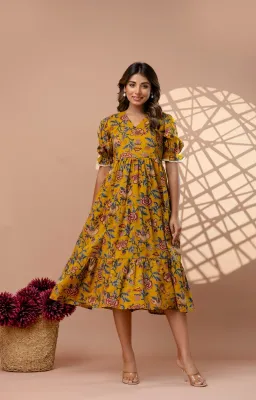 Mustard Yellow 3-Tier Floral Cotton Midi Dress with Puff Sleeves