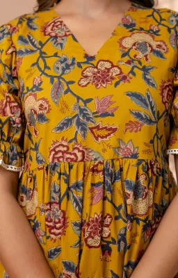 Mustard Yellow 3-Tier Floral Cotton Midi Dress with Puff Sleeves