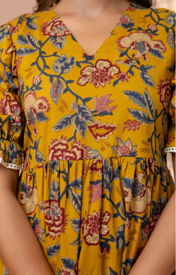Mustard Yellow 3-Tier Floral Cotton Midi Dress with Puff Sleeves