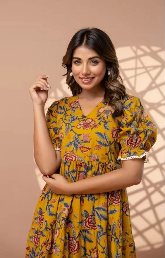 Mustard Yellow 3-Tier Floral Cotton Midi Dress with Puff Sleeves