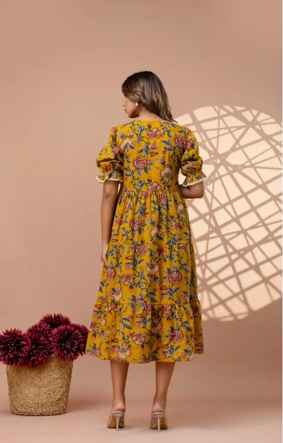 Mustard Yellow 3-Tier Floral Cotton Midi Dress with Puff Sleeves