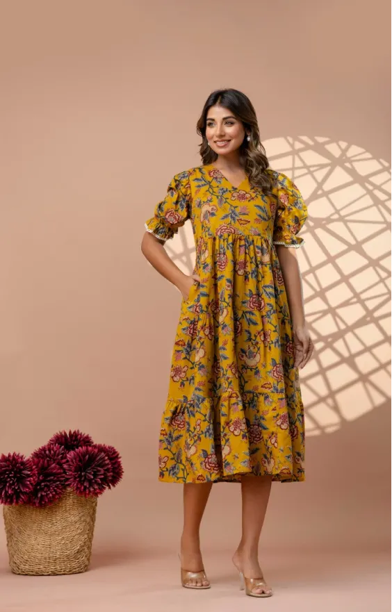 Mustard Yellow 3-Tier Floral Cotton Midi Dress with Puff Sleeves