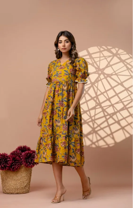 Mustard Yellow 3-Tier Floral Cotton Midi Dress with Puff Sleeves