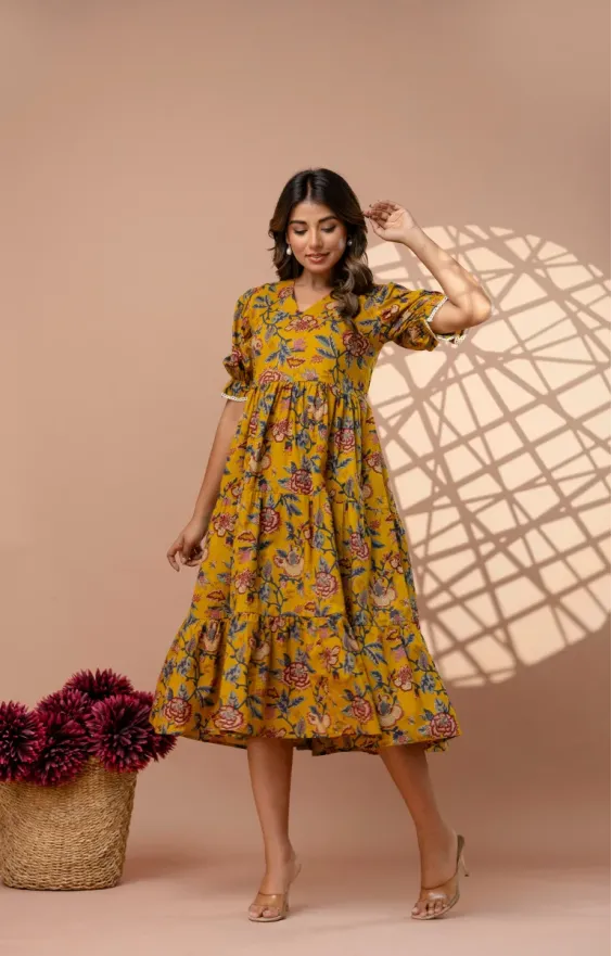 Mustard Yellow 3-Tier Floral Cotton Midi Dress with Puff Sleeves
