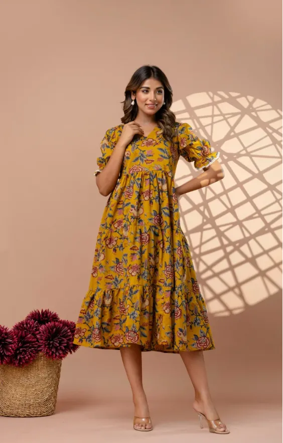 Mustard Yellow 3-Tier Floral Cotton Midi Dress with Puff Sleeves