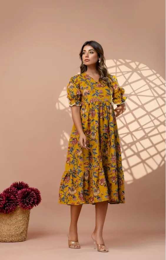 Mustard Yellow 3-Tier Floral Cotton Midi Dress with Puff Sleeves