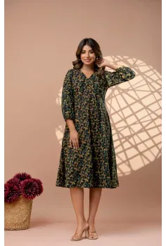 Moongia Green Hand-Block Printed A-Line Cotton Dress