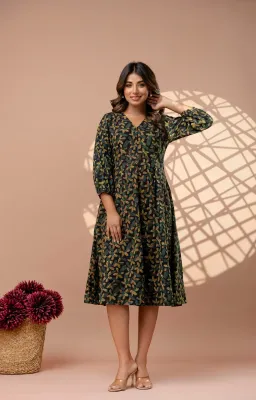 Moongia Green Hand-Block Printed A-Line Cotton Dress