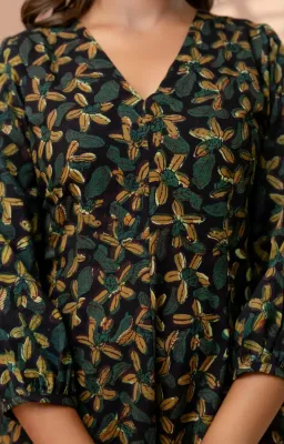 Moongia Green Hand-Block Printed A-Line Cotton Dress