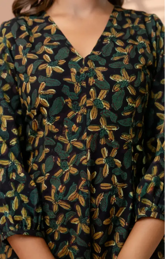 Moongia Green Hand-Block Printed A-Line Cotton Dress